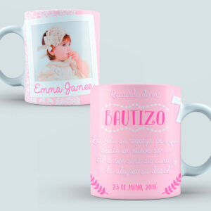 Taza Bautizo color rosa y blanca