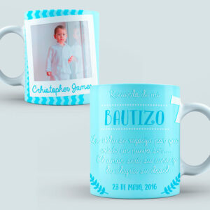 Taza Bautizo color azul y blanca