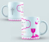 Taza Comunión color rosa y gris, fondo puntitos
