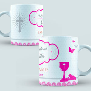 Taza Comunión color rosa y gris, fondo puntitos