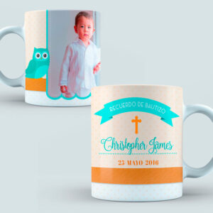 Taza Bautizo color azul y naranja