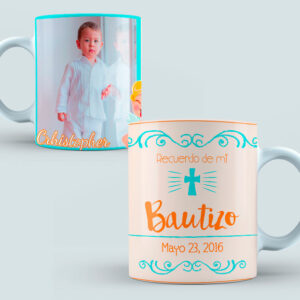 Taza Bautizo color azul, naranja y crema