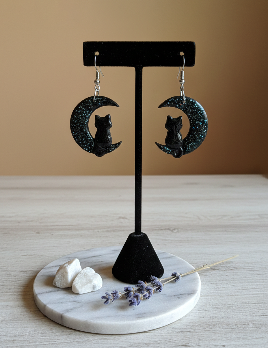 Pendientes de arcilla polimérica CatMoon negros brillantes